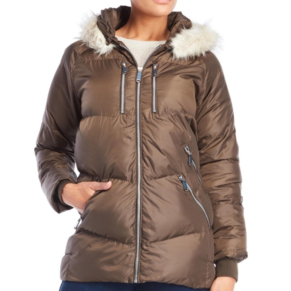 Sam Edelman Puffer Jacket Coat Parka Hooded with Faux Fur Hood XS Extra Small